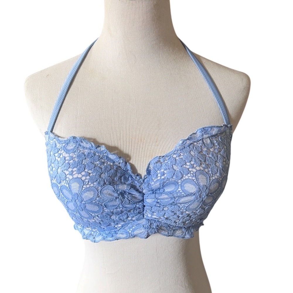 Victoria's Secret The Getaway Halter Blue Floral Lace Bikini Top 34D Cottagecore